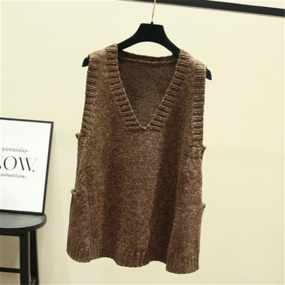 Sweater Vest Women Pockets Design Classic Trendy New Mujer Sleeveless Clothes New All-match V-Neck Solid Simple Loose-fitting alx