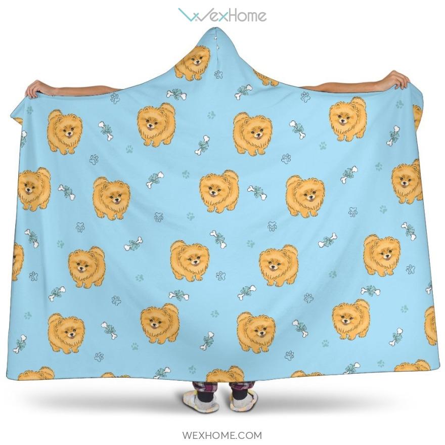 Brown Cute Pomeranian Blue Blackground Hooded Blanket