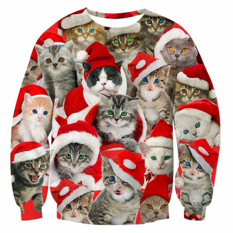 Christmas Kitten Sweater – Cute Pets Red Animal Pullover Polyester/ Spandex Jumper