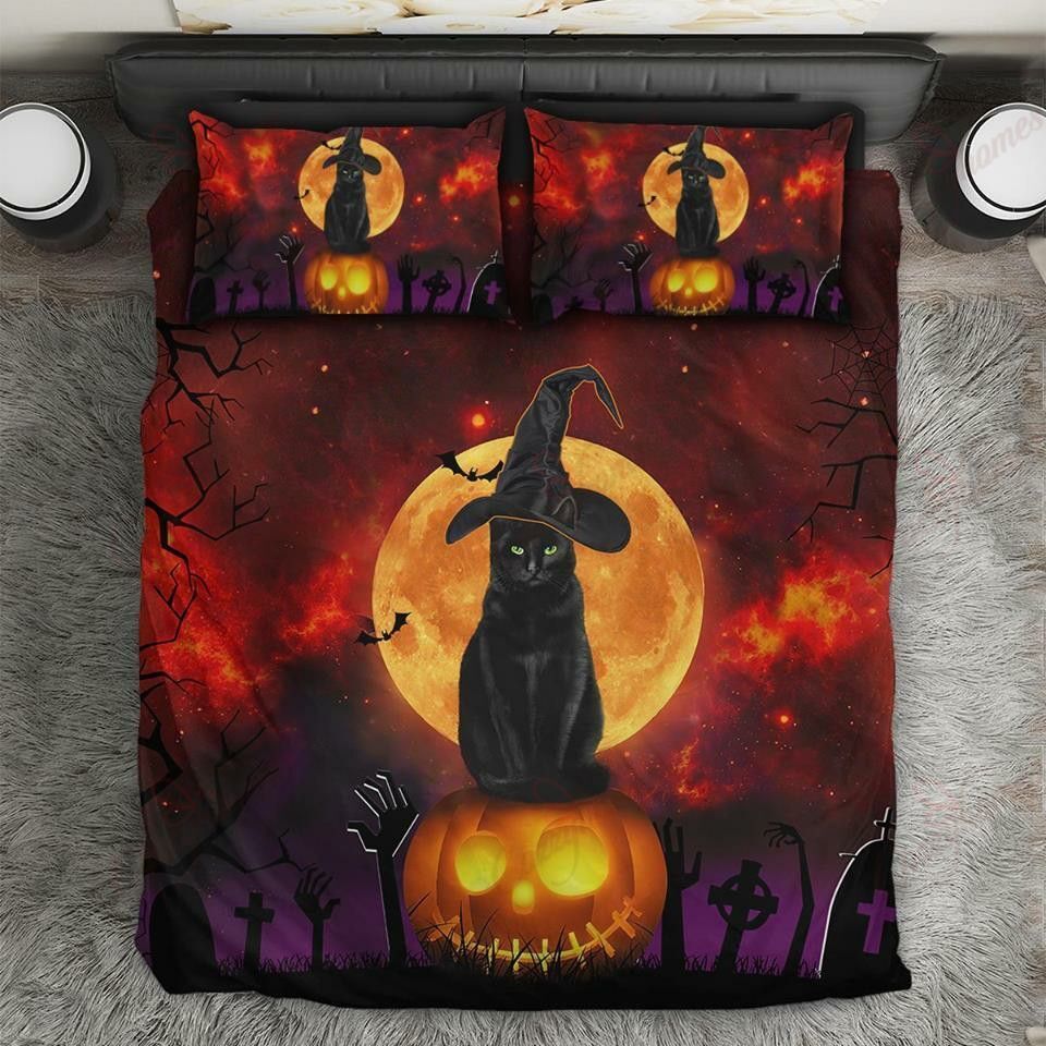 Black Cat Witch at cemetery Halloween Bedding Set