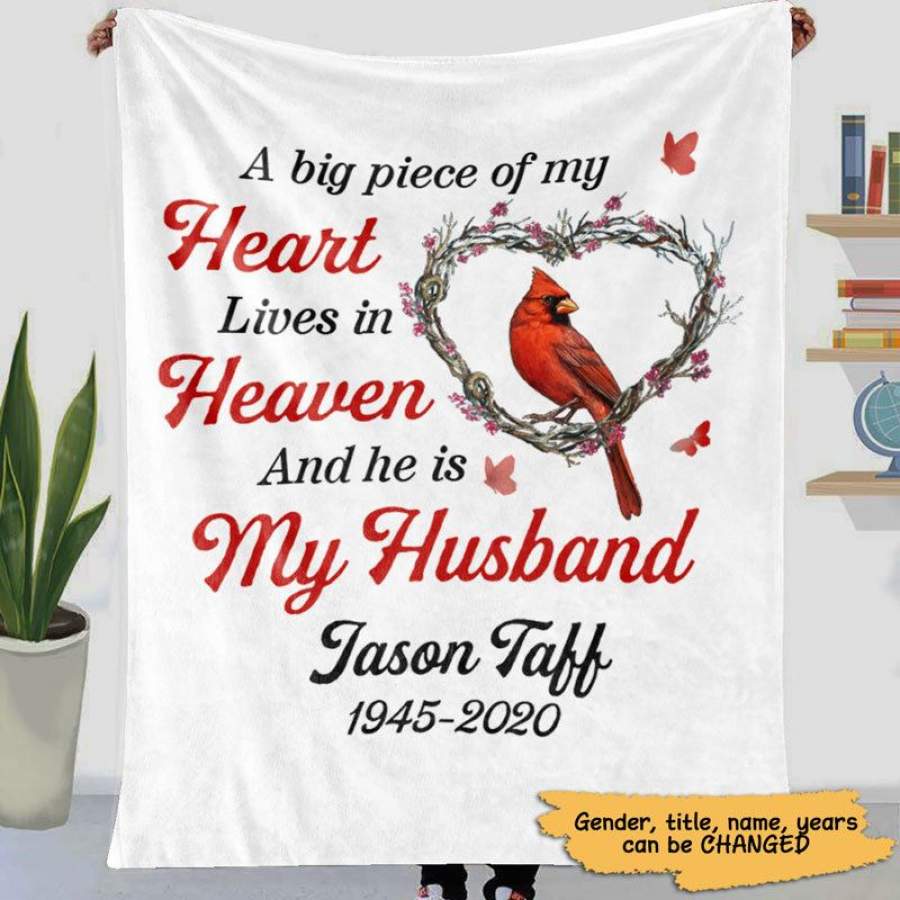 A Big Piece Of My Heart Lives In Heaven Cardinal Memorial Personalized Fleece Blanket