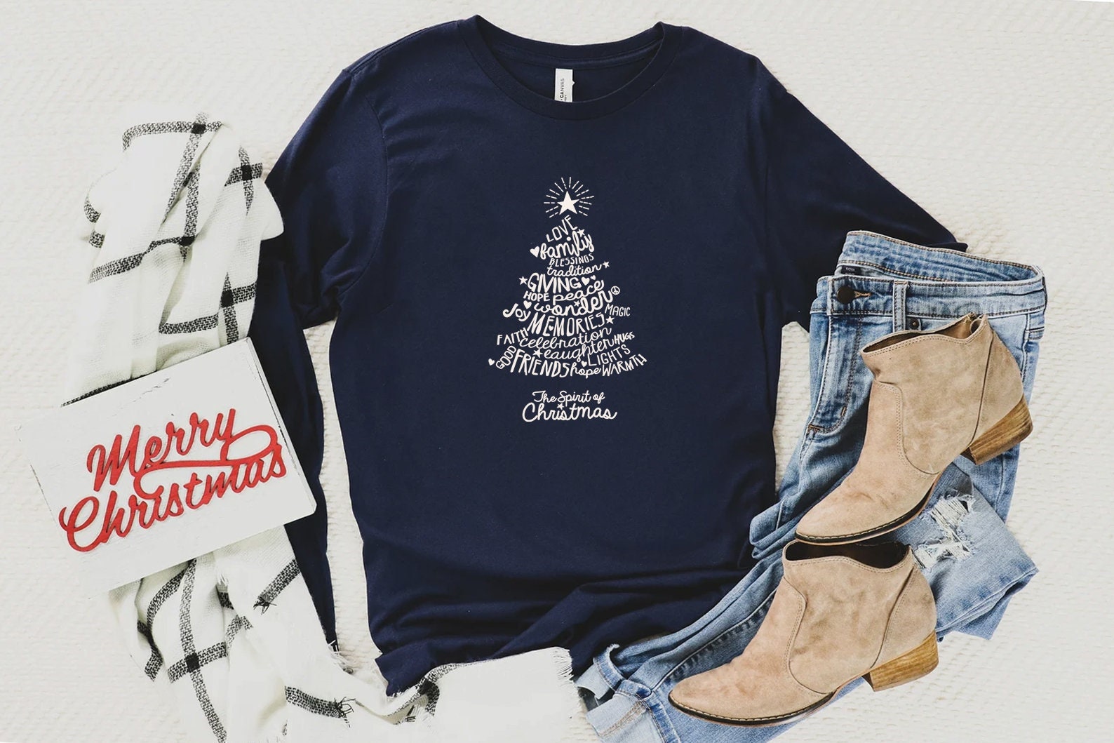 Christmas Tree Long Sleeve Shirt, Merry & Bright Shirt, Long Sleeve Shirt for Women, Crewneck pullover Sweater, cute Winter Holiday Tees