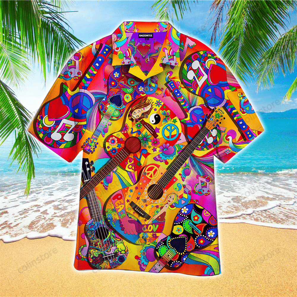 Colorful Guitar Hippie Love Music Hawaii Shirt Aloha Ha21574