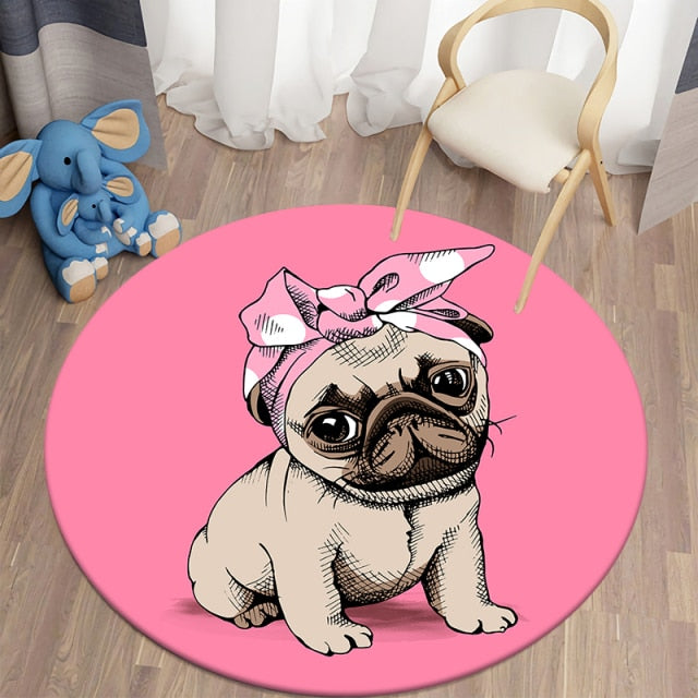 Cartoon Pink Pug Round Carpets For Children’S Room Living Room Rugs Puppy Soft Flannel Floor Area Rug