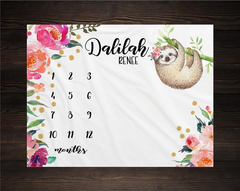 Sloth Baby Milestone Blanket Month Blanket Growth Tracker Fleece Blanket Baby Shower Baby Newborn Gift Jungle Animals Girl