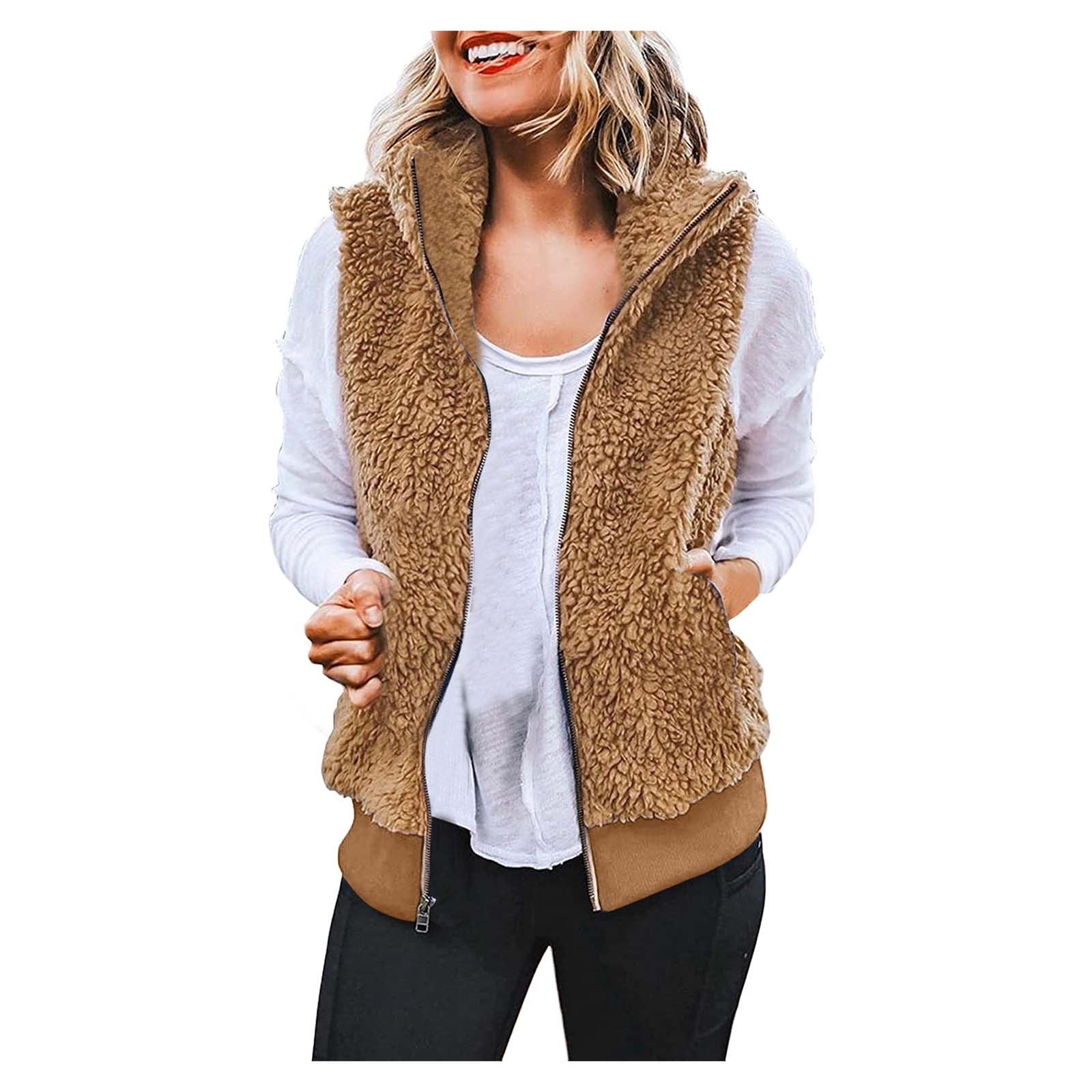 Womens Sherpa Fleece Outwear Vests Fall Winter Warm Faux-fur Furry Coat With Pockets Zip Up Sleeveless Artificial Wool Vest Coat alx