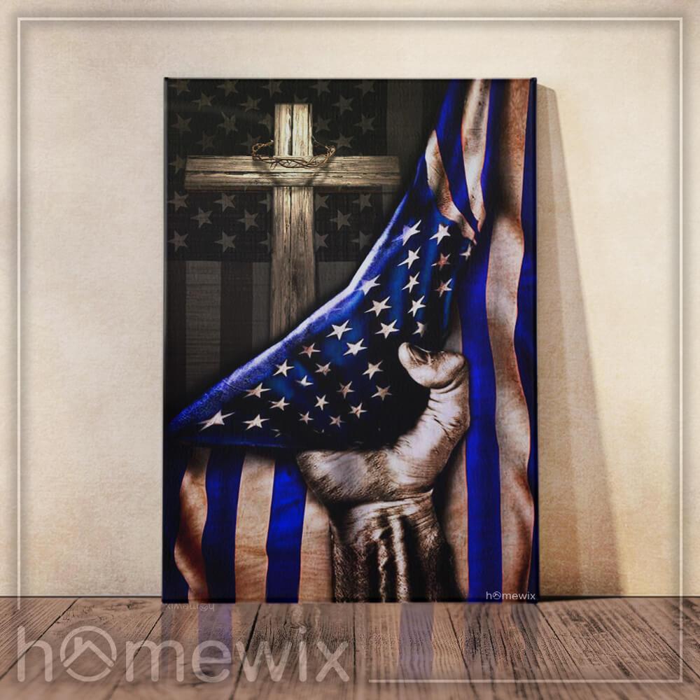 The Thin Blue Line Christian Cross America US Canvas And Poster Wall Art | Wall Decor