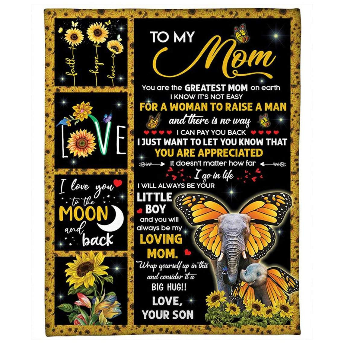 Personalized Sunflower Elephant To My Mom From Son Fleece Blanket I Love You To The Moon And Back Great Customized Blanket Gifts For Birthday Christmas Anniversary