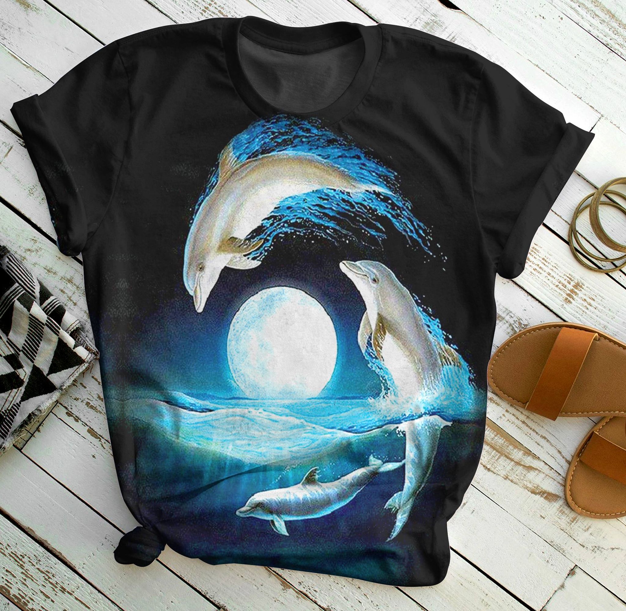 Dolphin Beautiful Moon – All Over Print T-Shirt S M L Xl 2Xl 3Xl 4Xl 5Xl