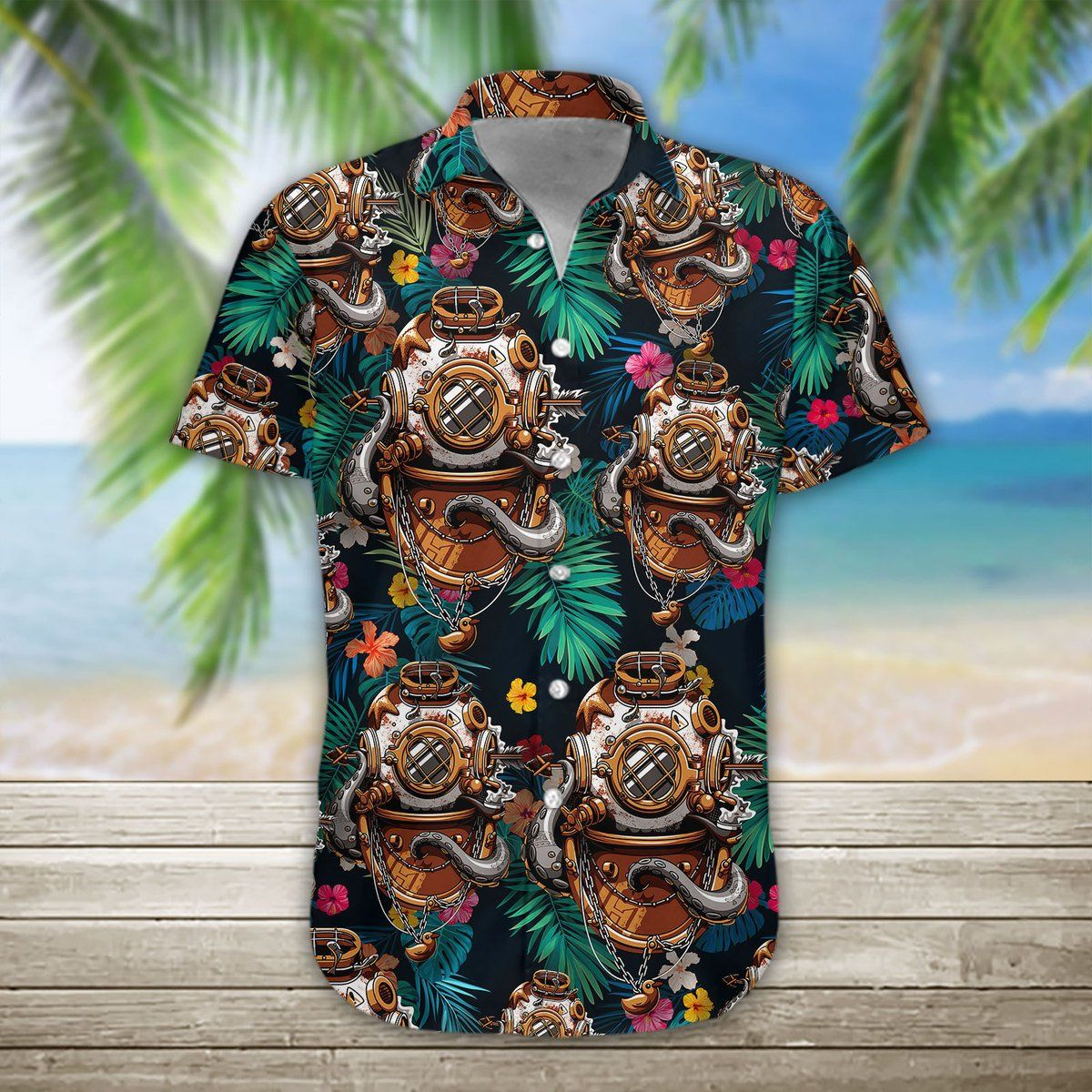 Diving Helmet Tropical Print Hawaii Aloha Shirt Ha10853