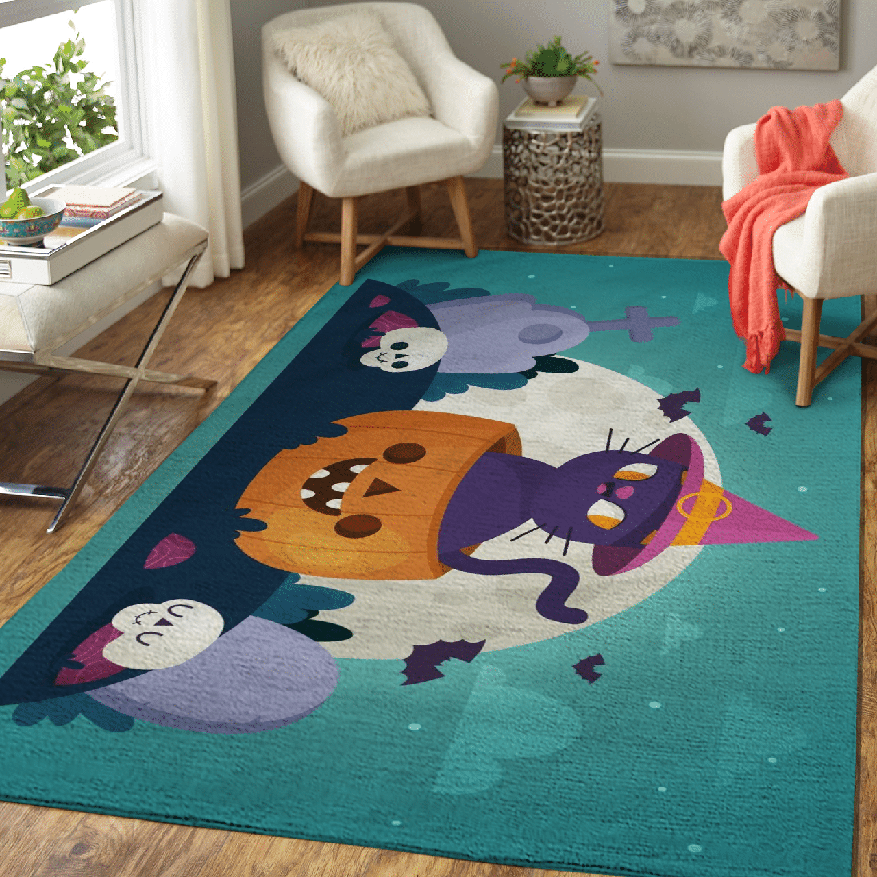 Halloween pumpkin black cat rug HLO 29