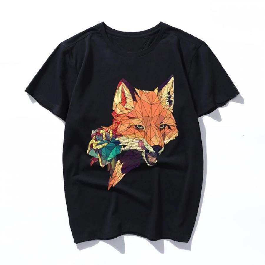 polygonal fox with rose Harajuku Ulzzang Print Women’s Clothing Fashion New Summer Funny female O-Neck Men’s T-shirt Loose Harajuku Casual Fun Tops