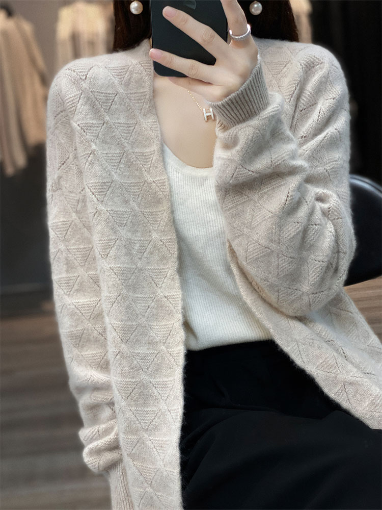 100% Pure Wool Cardigan Women’s Simple Knitted Jacket Spring Autumn New Buttonless Sweater Mid-length Temperament Wool Outerwear alx