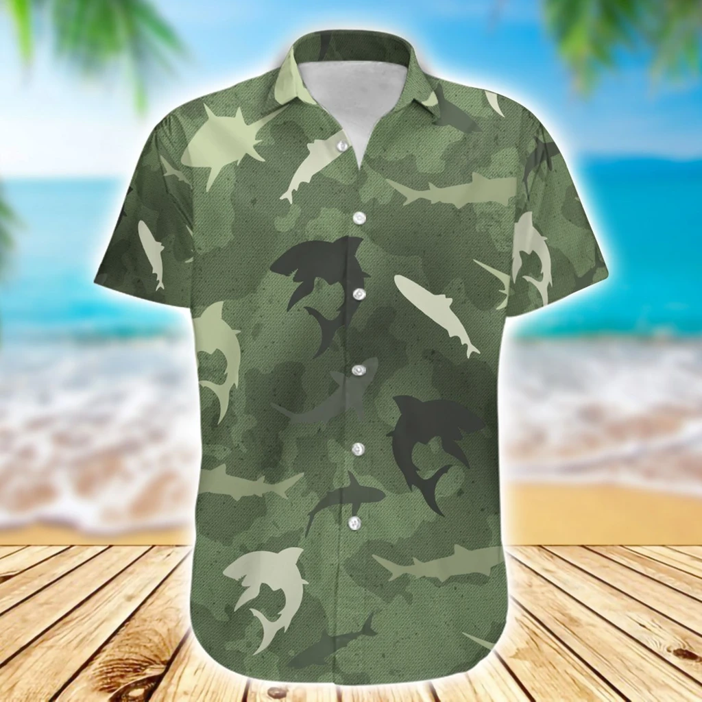 Shark Camo Green Print Polyester Hawaii Shirt Ha37006