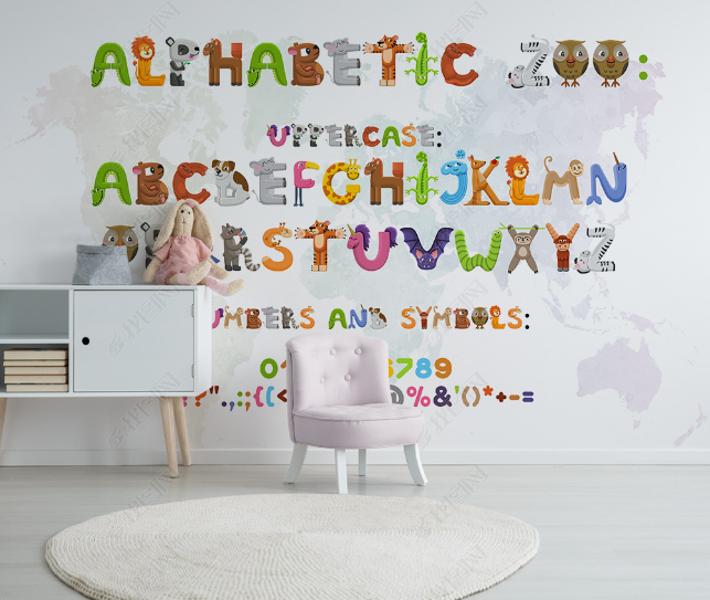 3D Cartoon Colored Alphabet Animal Wall Mural Wallpaper Lqh 201