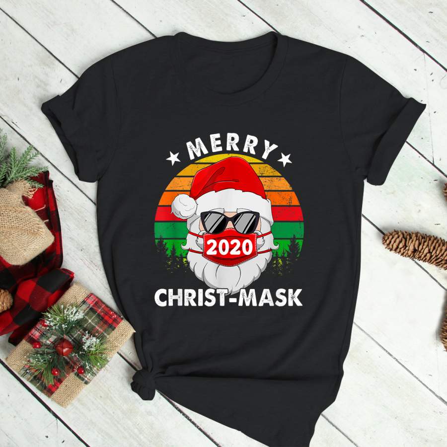 Merry Christ-mask 2020 Santa Face Mask Pajamas Family Xmas T-Shirt