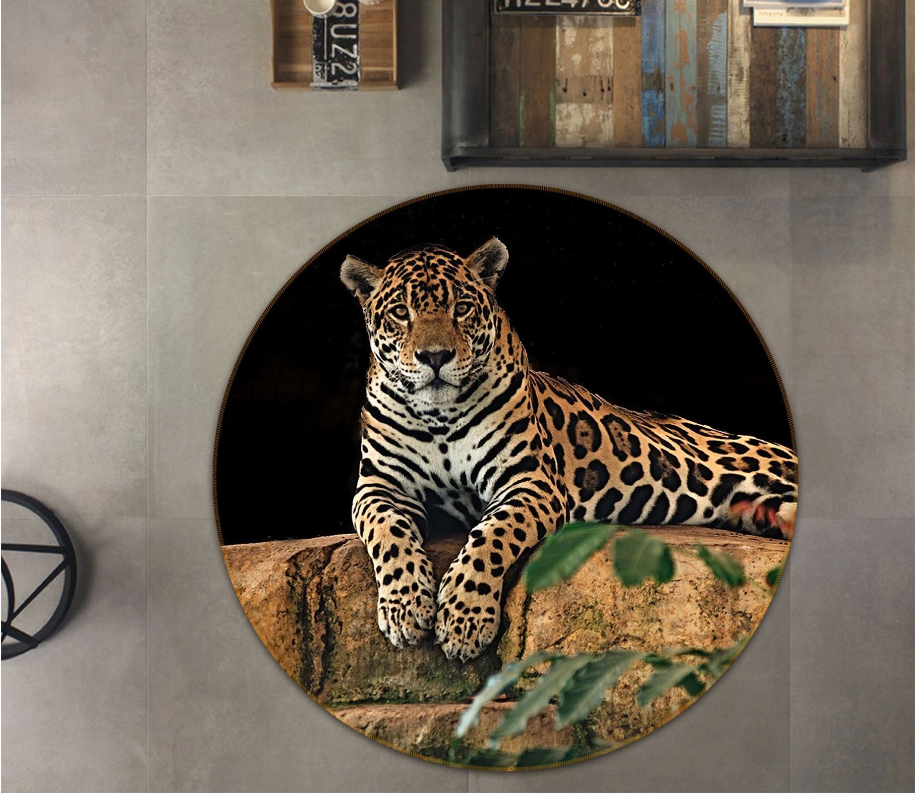 Rock With Leopard Dark Night Printed Round Rug – Round Carpet Home Decor