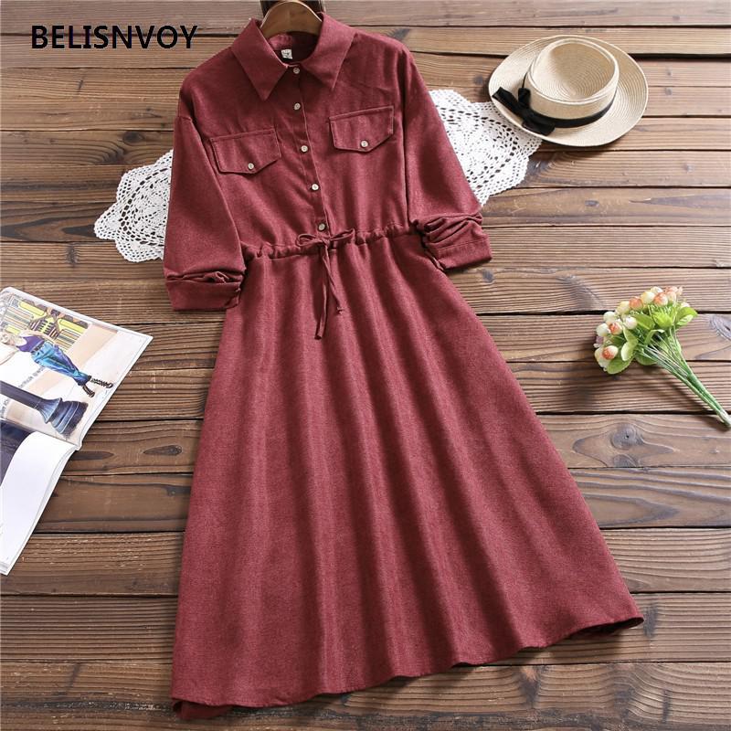 Women Corduroy dress Long Sleeve Solid A-line Wrap Party Dress Ladies Single Breasted Casual Turn-down Collar Corduroy Dress alx