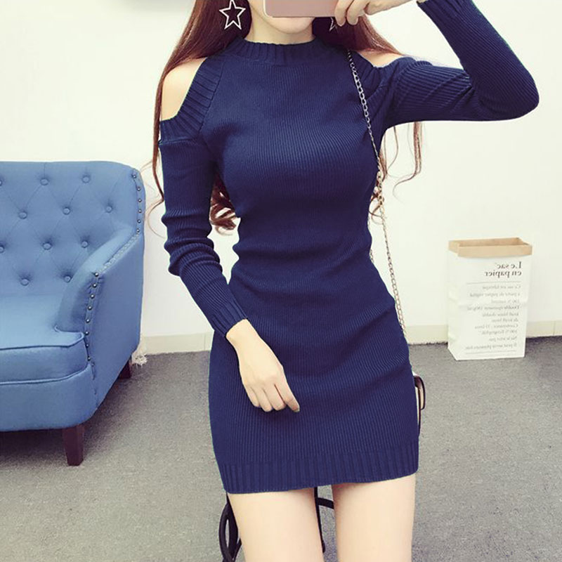 Women’s Knitted Pullover Sweater Sexy Off Shoulder Long Sleeve Knit Dress Women’s Mid-length Bag Hip Base Bodycon Jumper Dresses alx