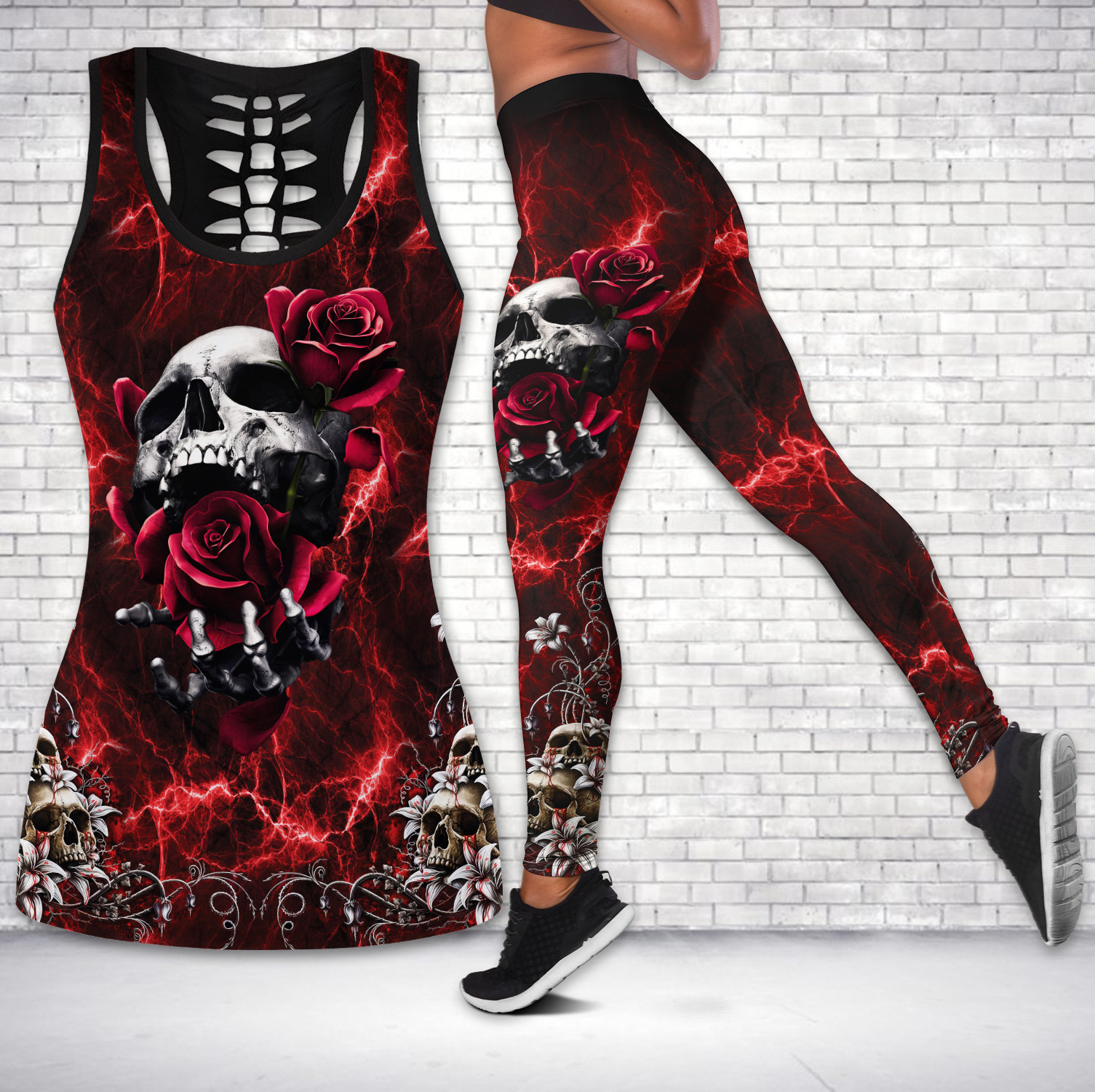 Red Skull And Roses Hollow Tank Top – Leggings 3D #Dh