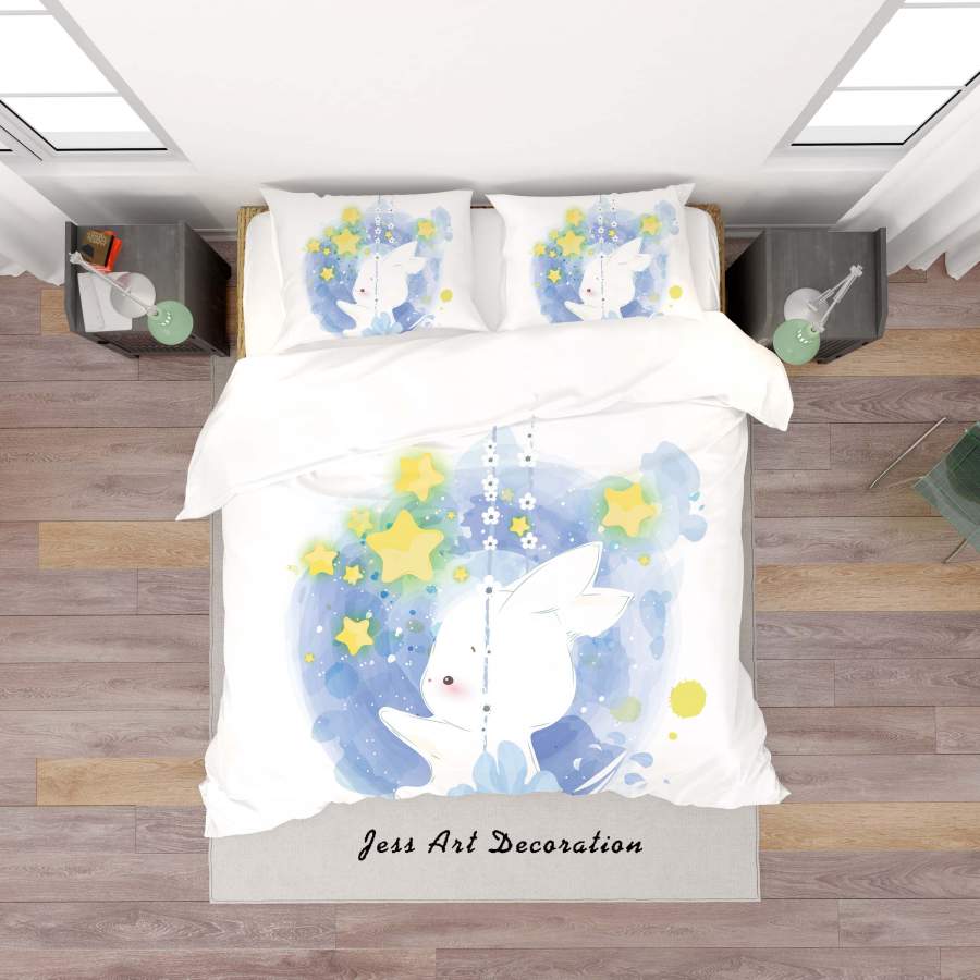 3D White Blue Rabbit Star Quilt Cover Set Bedding Set Duvet Cover Pillowcases SF90