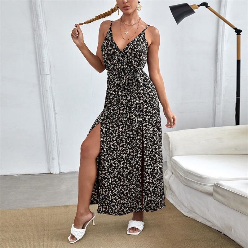 Summer Sling Floral Dress Women’s Sexy Lace Up Long Dresses Casual V Neck Backless Beach Sundresses Loose Elegant Party Skirts alx