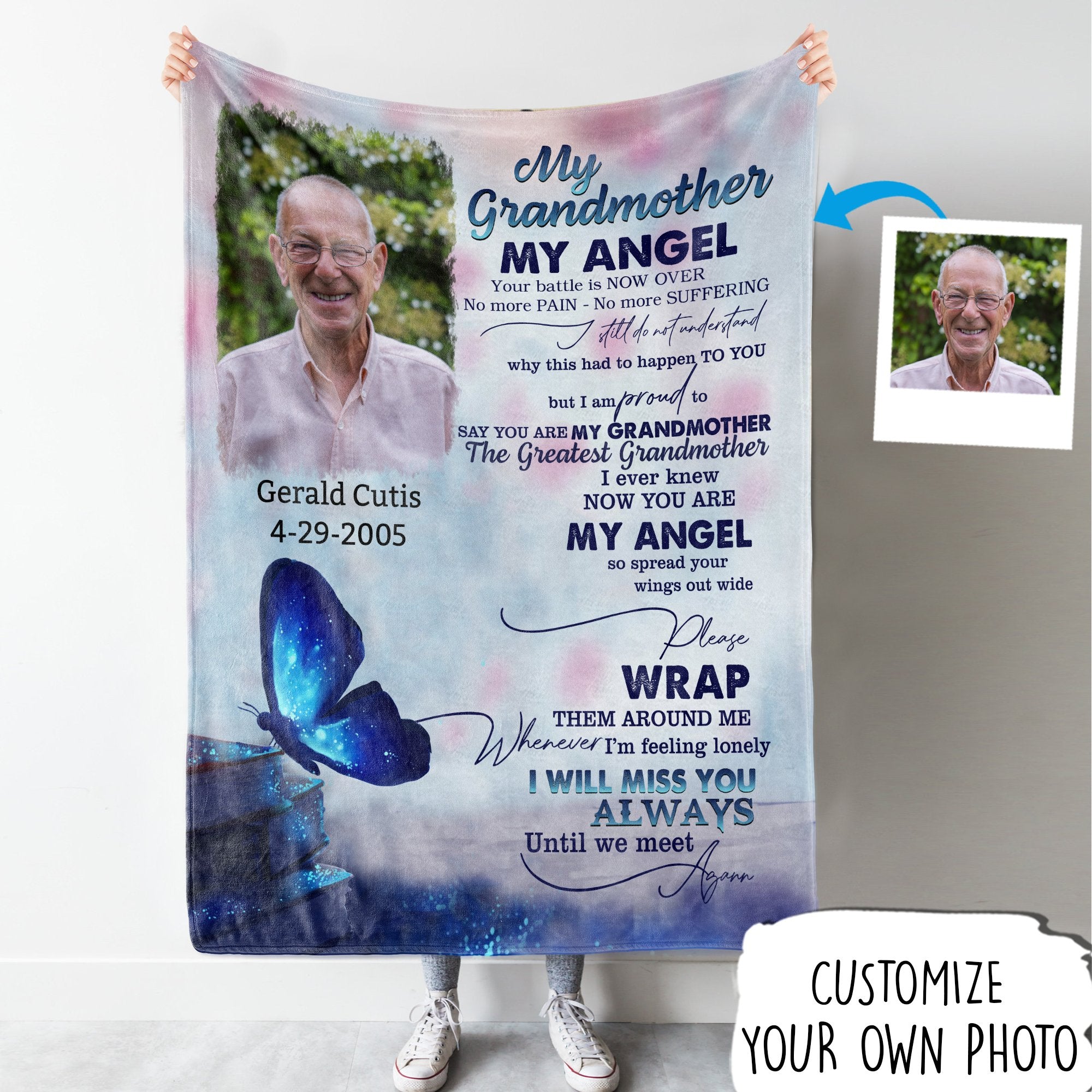 Your Battle Is Now Over Customized Memorial Blanket With Your Own Photo Blue Butterfly