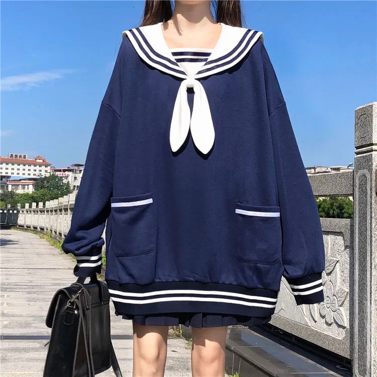 NONSAR Japanese Rabbit Ears Autumn Winter Girls Cute Sweet Navy Collar Loose Long-Sleeved Sweater alx