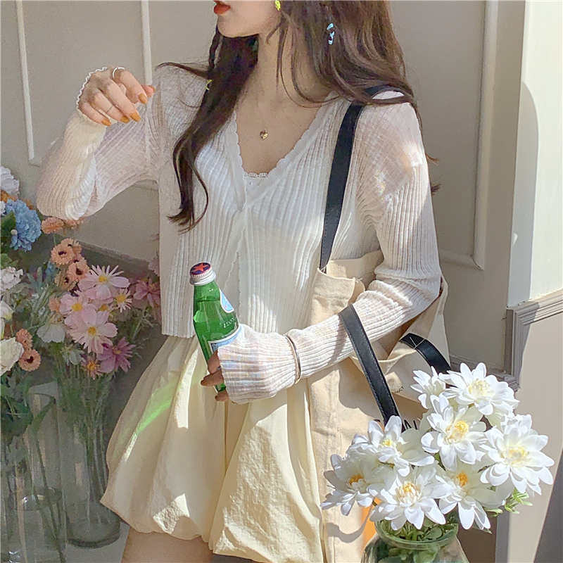 Summer Sun-proof Cardigan Women Crop Tops Solid V-neck Sweet Girls Knitwear Female Tender Stylish Translucent Sweaters Jumpers alx