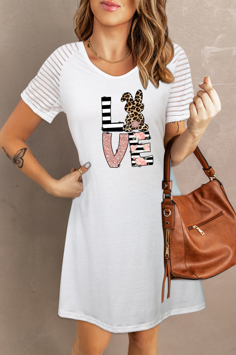 Bunny Sheer Striped Short Sleeve Flare T-Shirt Mini Dress