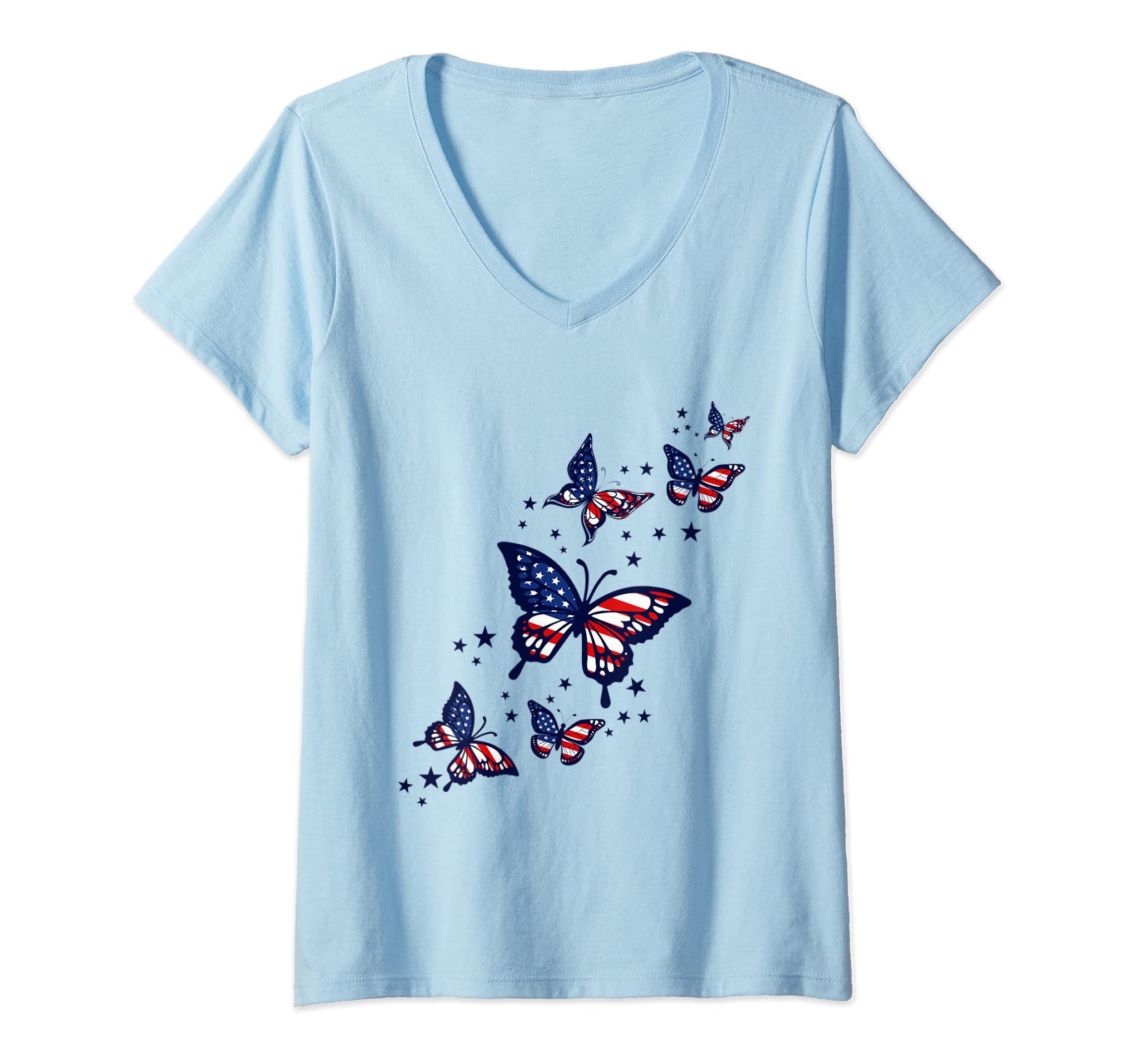 Womens Th Patriotic America flag Butterflies Lover 4th Of July V-Neck T-Shirt