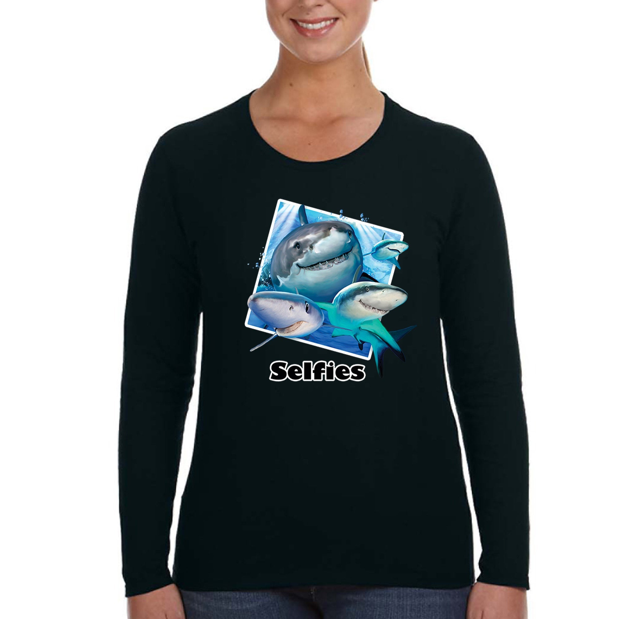 Xtrafly Apparel Women’S Shark Selfies Great White Tiger Hammer Head Mako Blue Fish Fishing Ocean Sea Swimming Fisherman Long Sleeve T-Shirt