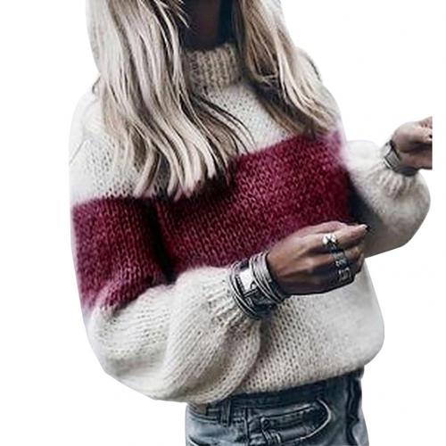 Autumn Winter Sweaters Women Color Block Patchwork O Neck Sweaters for Women Thick Warm Knitted Sweater Pullovers pull femme alx