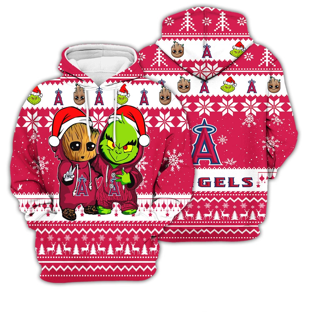 Los Angeles Angels Baby Groot And Grinch Best Friends Football American Ugly Christmas Sweater New Trends For Fans Club Gifts Unisex 3D Hoodie