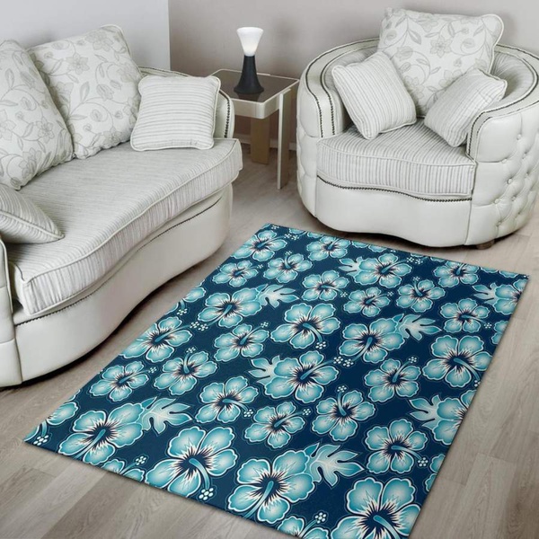 Blue Hibiscus Hawaiian Print Area Rug