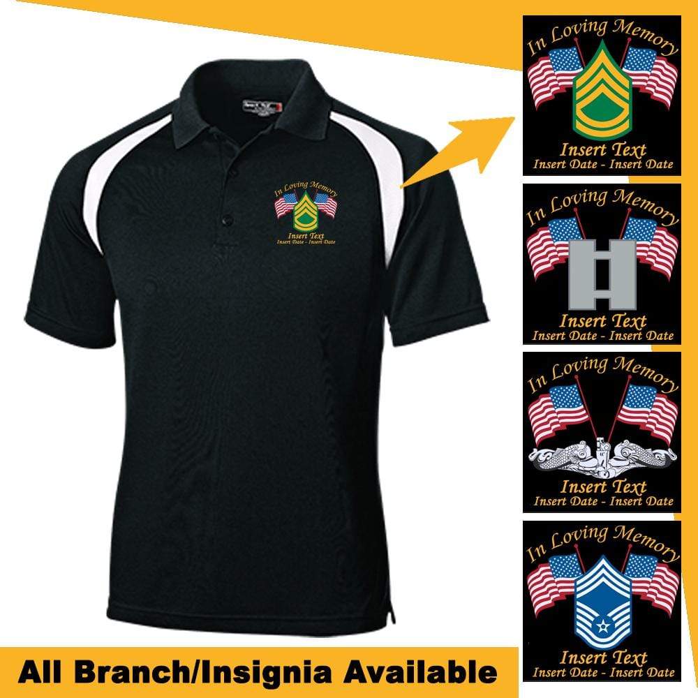 ” In Loving Memory ” Personalized US Military Logo/Insignia, Name and Date – Printed Golf Shirt