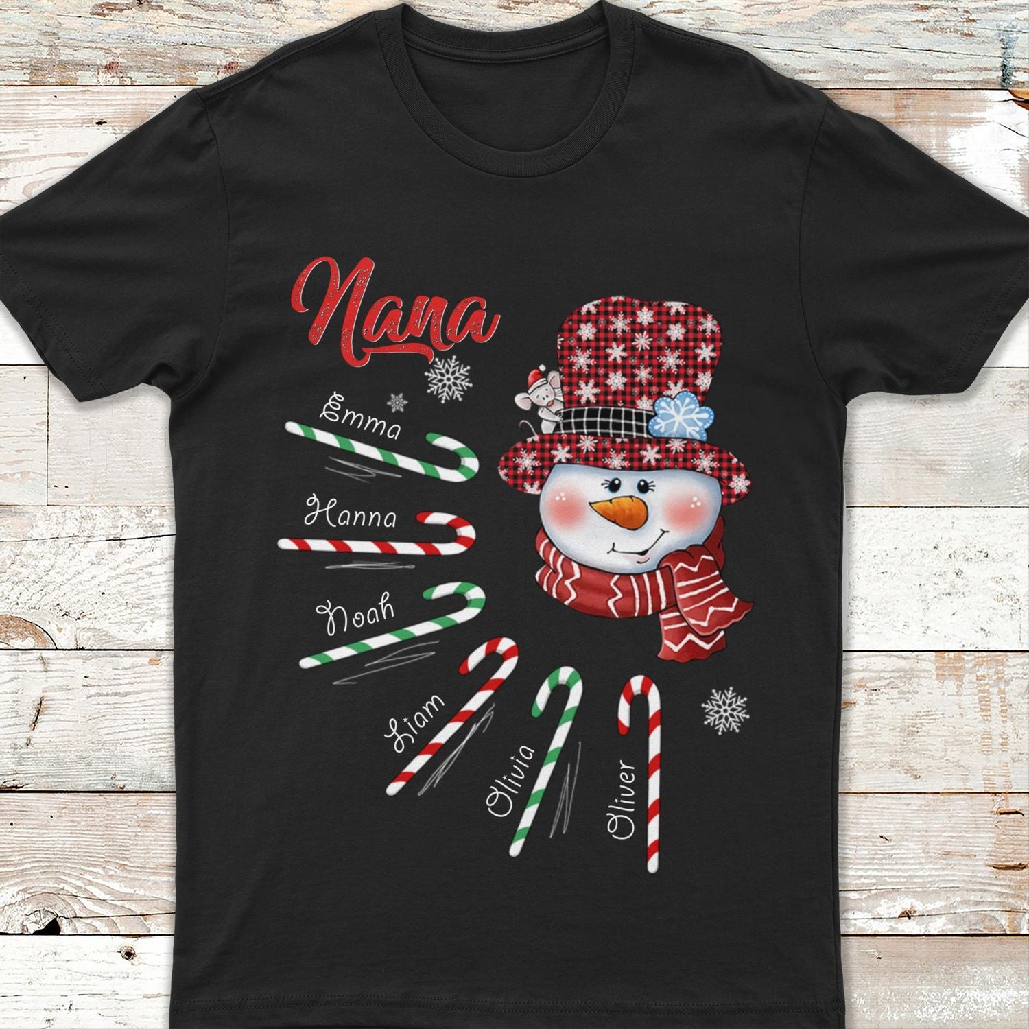 Personalized T-Shirt For Grandma Nana Snowman & Candy Cane Printed Custom Grandkids Name