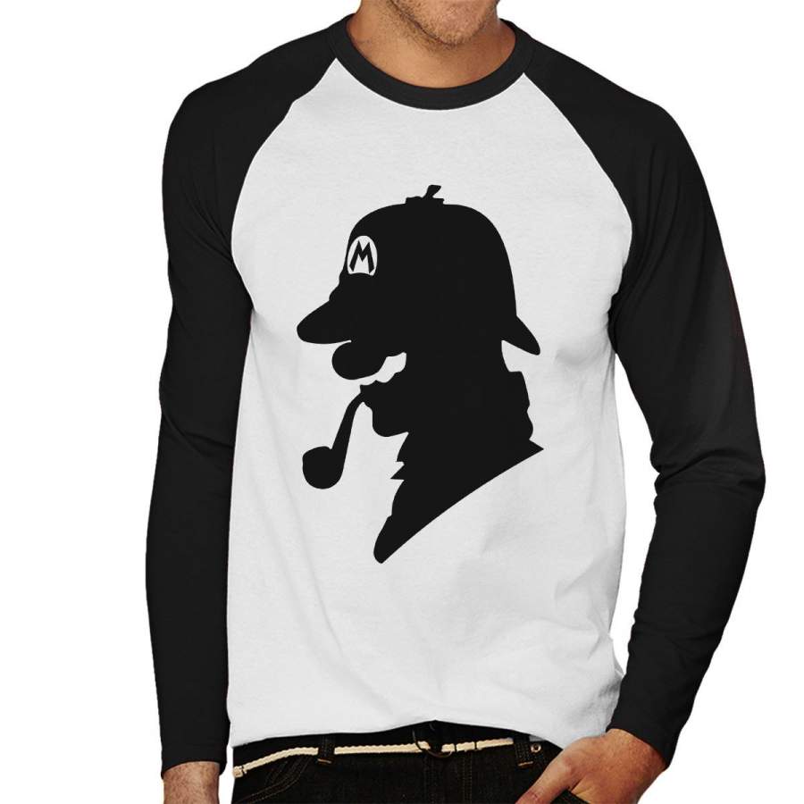 Super Mario Holmes Sherlock Silhouette Men’s Baseball Long Sleeved T-Shirt