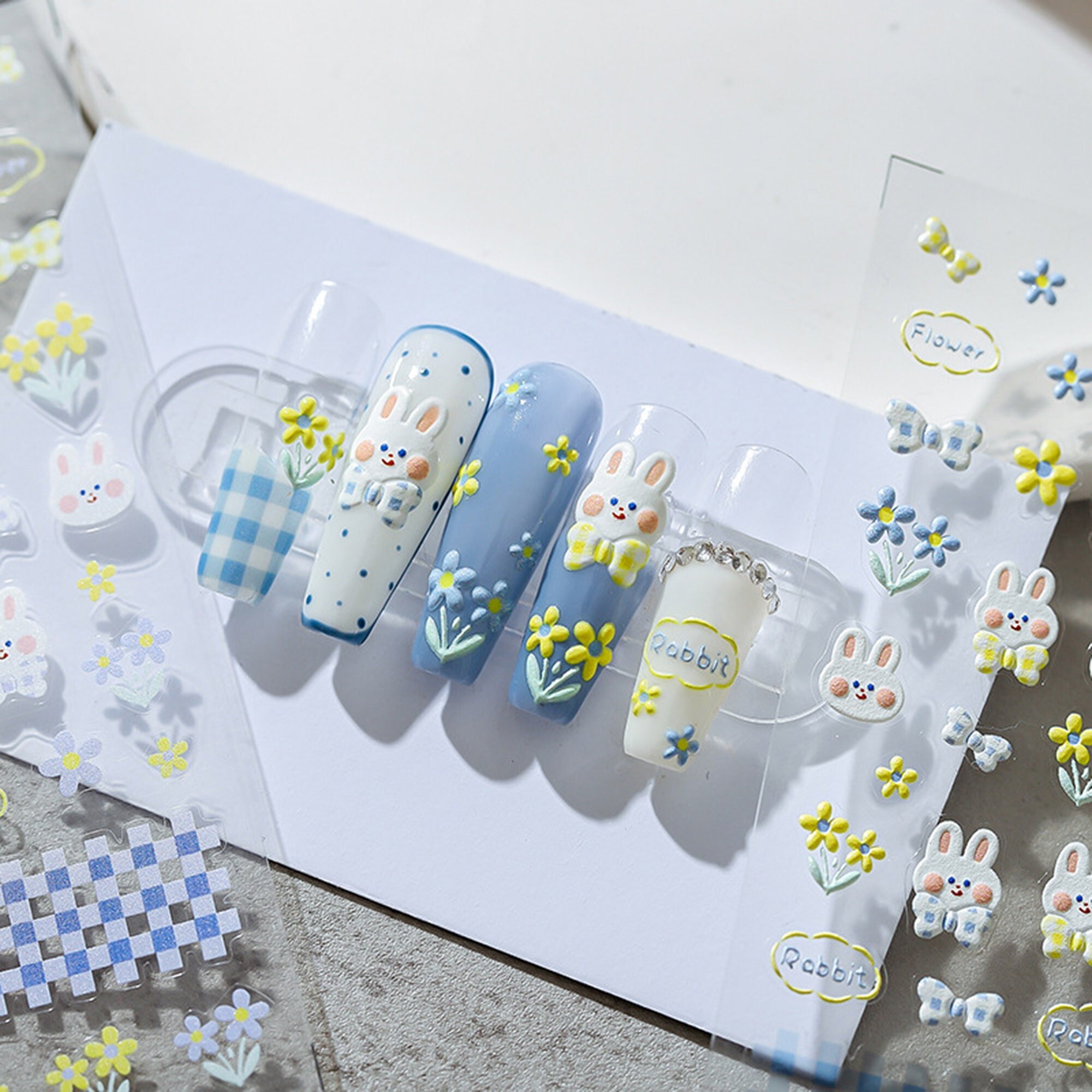 Rabbit Nail Sticker, Kawaii Nail Decals, Bowknot Rabbit, Cute Nail Sticker, Flower And Rabbit, DIY Nails, 3D Nails, 5D Nails