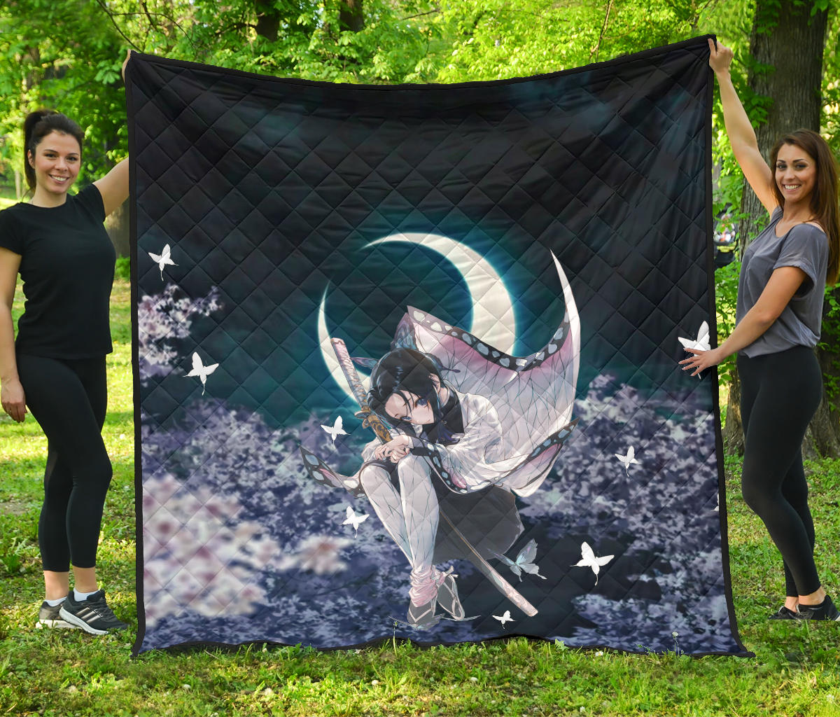 Demon Slayer Anime Premium Quilt | Lonely Shinobu With Butterflies Night Moon Quilt Blanket Na090301