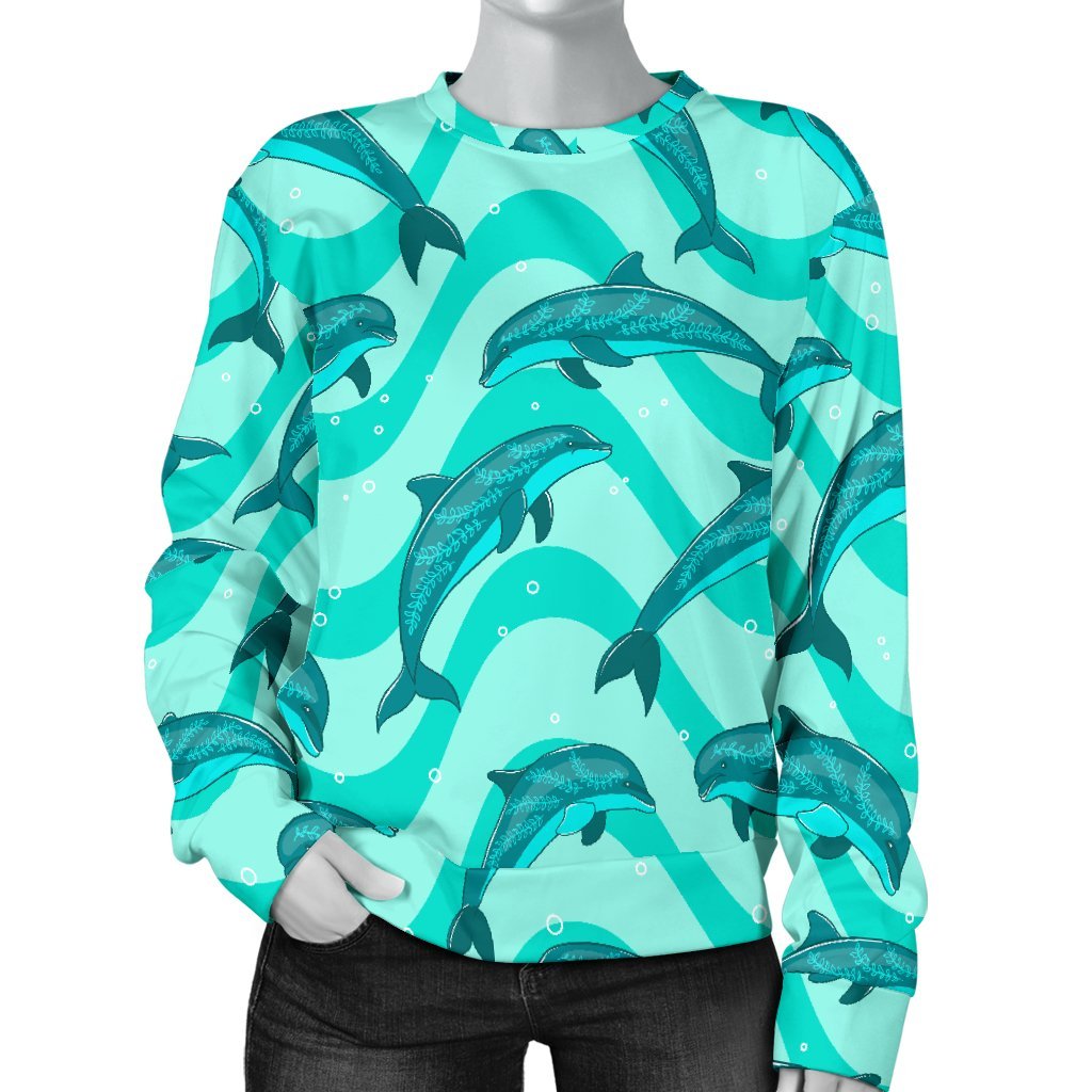 Dolphin Wave Print Women Crewneck Sweatshirt