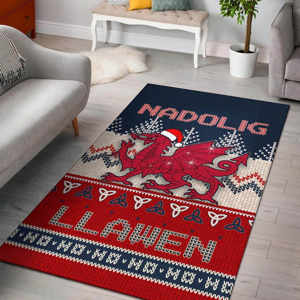 Welsh Dragon Nadolig Llawen Ugly Christmas Style Blue Area Rug – BN22