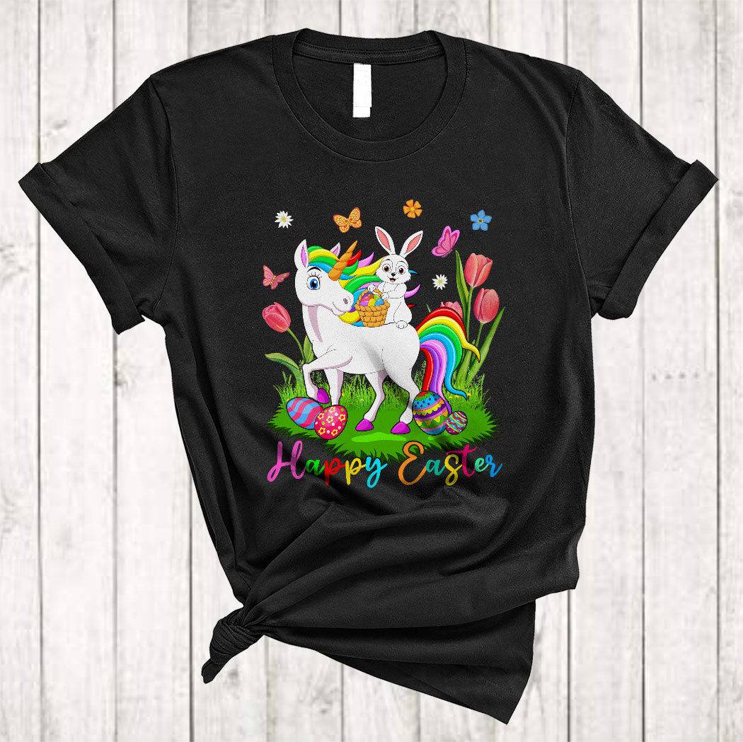 Cute Bunny Ridding Unicorn Funny Floral Easter Day Unicorn Butterfly Egg Hunt Lover Gifts T-Shirt