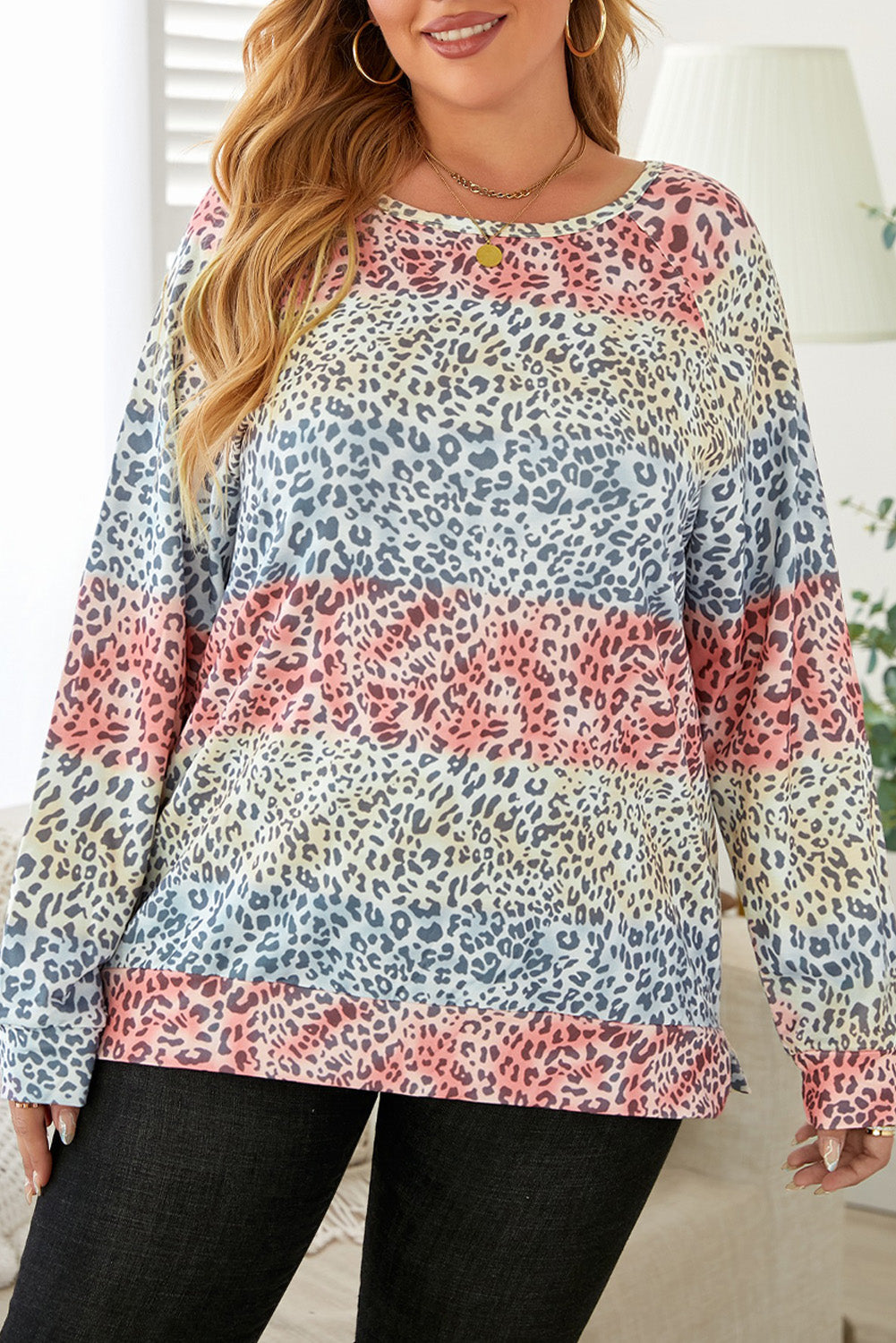 Plus Size Leopard Pullover Long Sleeve Top