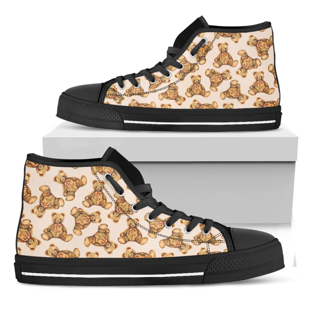 Watercolor Teddy Bear Pattern Print Black High Top Shoes