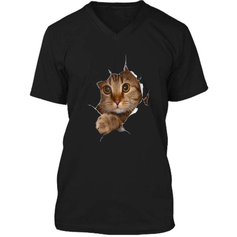 Sweet Kitten Torn Cloth 3D  – Funny Cat Lover Tee Mens Printed V-Neck T