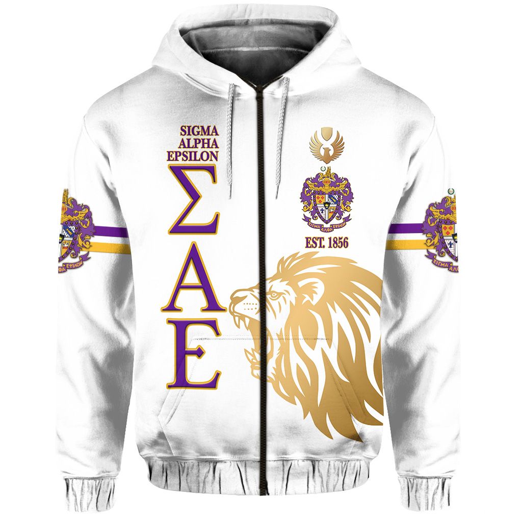 (Custom Personalised) Sigma Alpha Epsilon Sae Zip Hoodie Simple Style – White Lion Ver Lt8