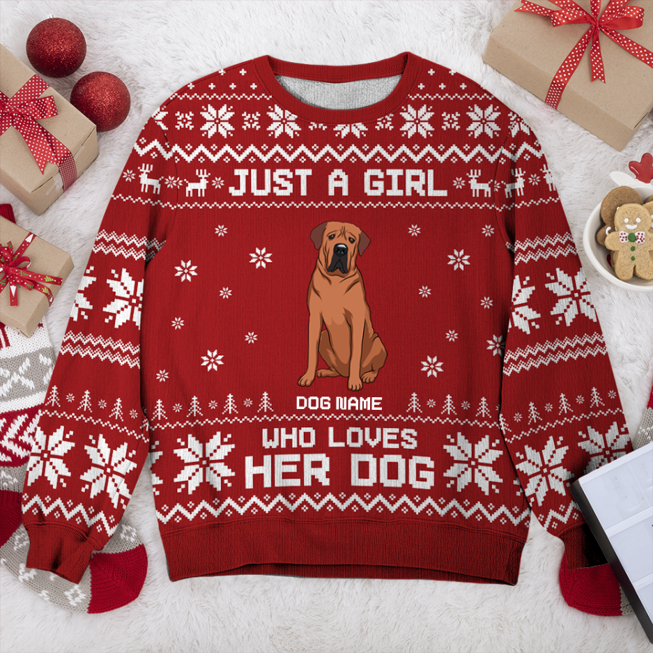 Tosa Just A Girl Personalized Sweater, Dog Ugly Christmas Sweater