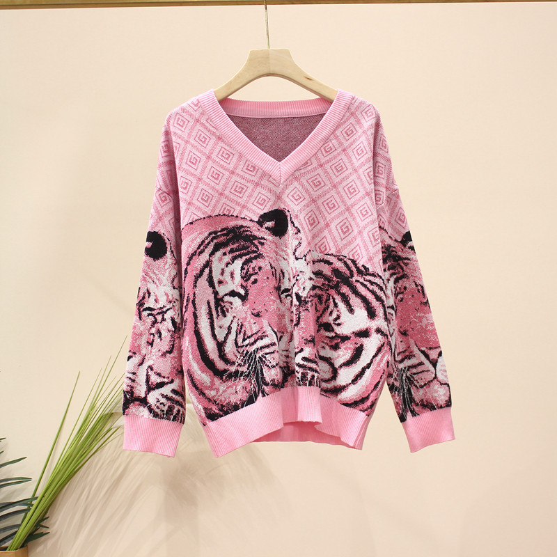 Spring 2022 Pink Plaid Sweater Pullover Women Animal Tiger Loose Casual O-Neck Long Sleeve High Street Traf Tops Fashion Clothes alx