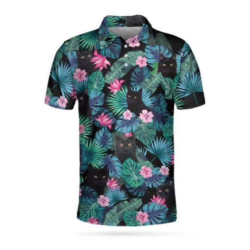 Black Cat Tropical Short Sleeve Polo Shirt, Animal Print Shirt, Polo Shirts For Men And Women